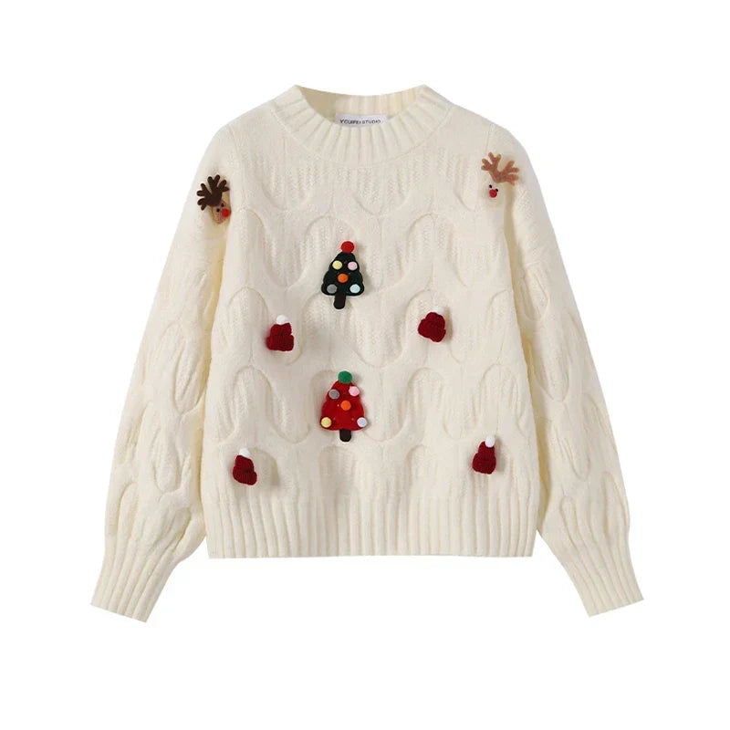 Damski świąteczny sweter w kolorze morelowym z ozdobnymi pomponami