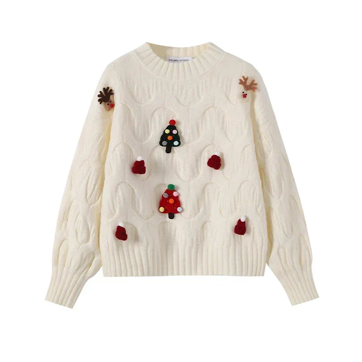 Damski świąteczny sweter w kolorze morelowym z ozdobnymi pomponami