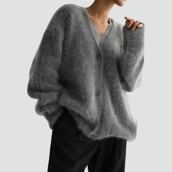 Beżowy kardigan damski oversize, modny sweter rozpinany
