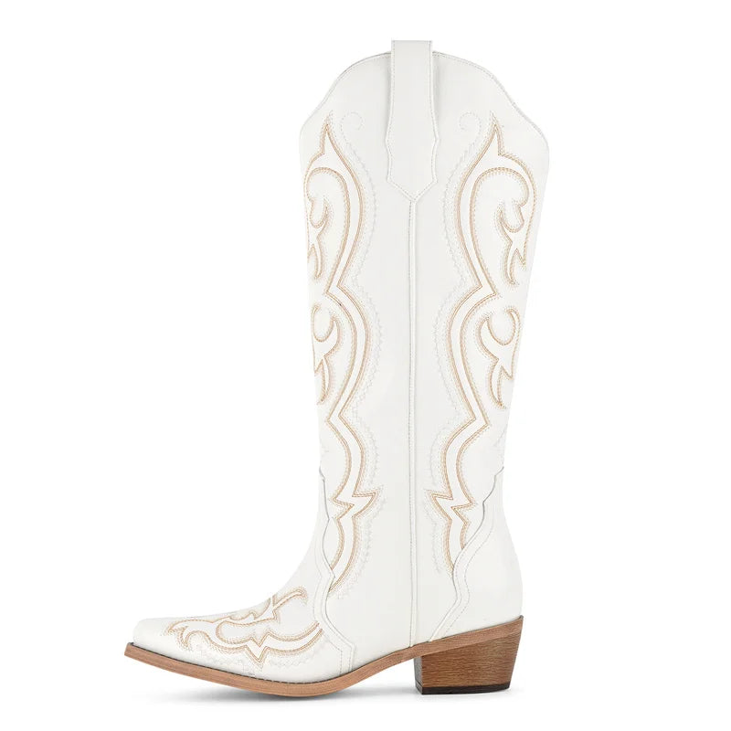 Białe damskie buty kowbojskie z haftem western