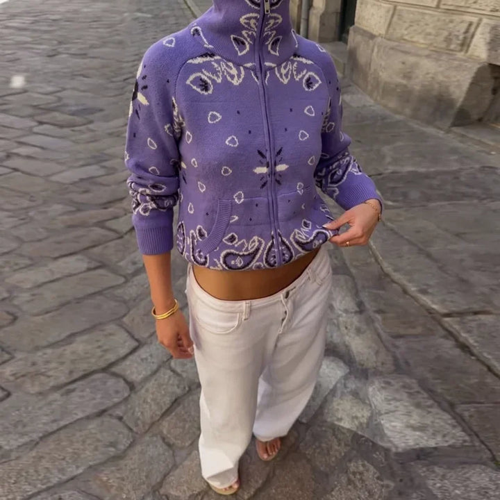 Rozpinany sweter z golfem o fakturze w stylu vintage