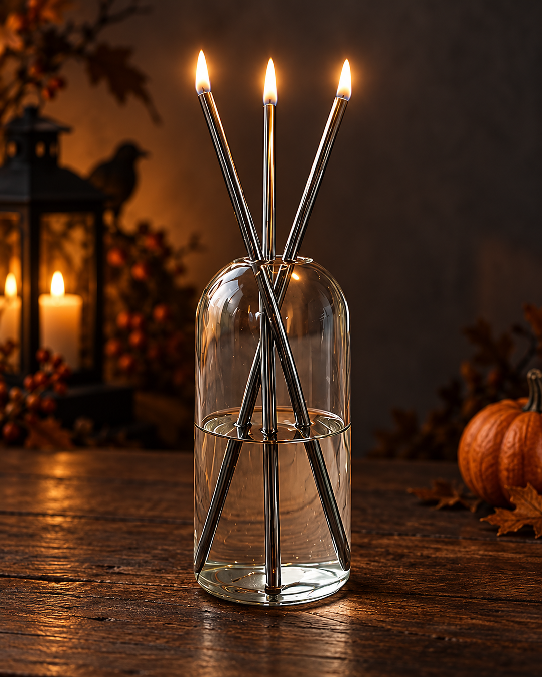 Halloweenowa lampa olejowa ze szkła z płomieniem, ozdoba wnętrz na jesień