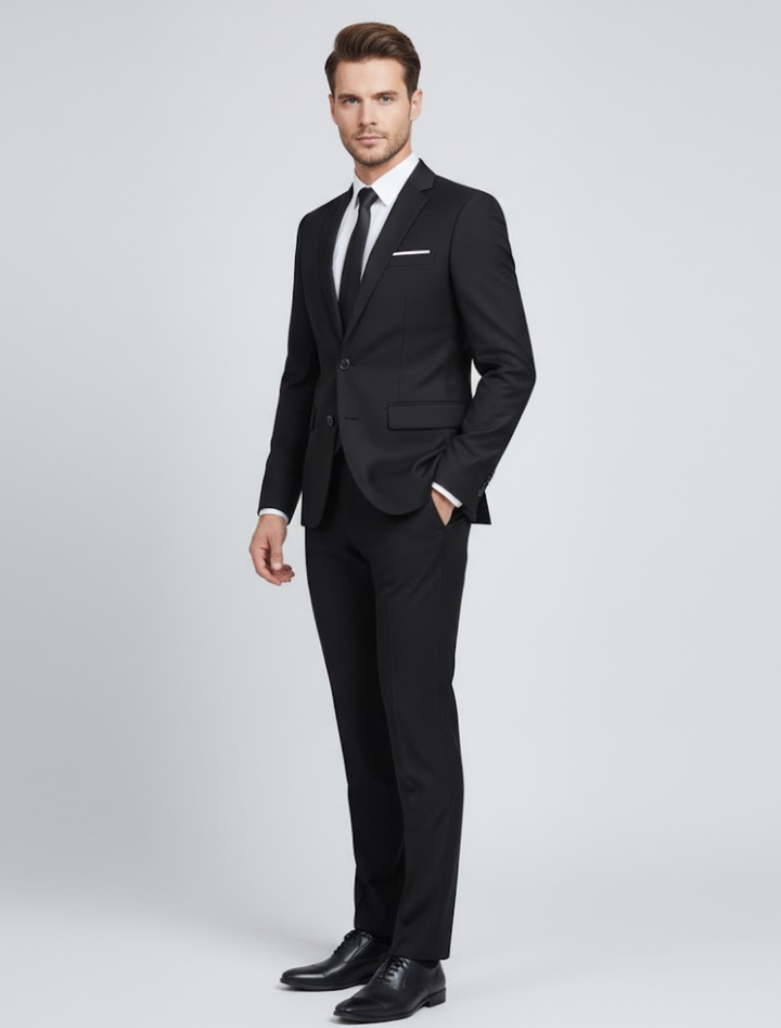 Elegancki garnitur męski slim fit w zbliżeniu pokazującym klapy i kieszenie marynarki.