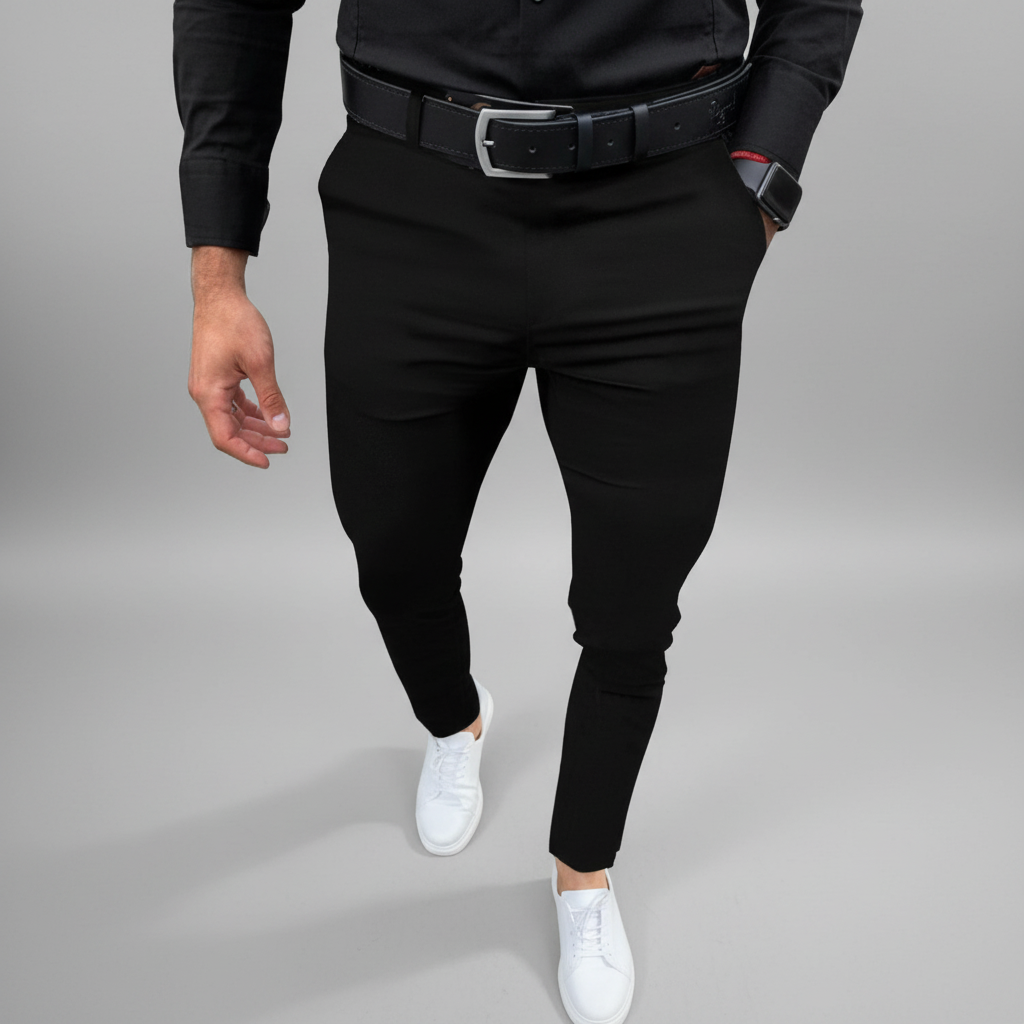 Męskie eleganckie spodnie slim fit Pascal w kant, widok z tyłu