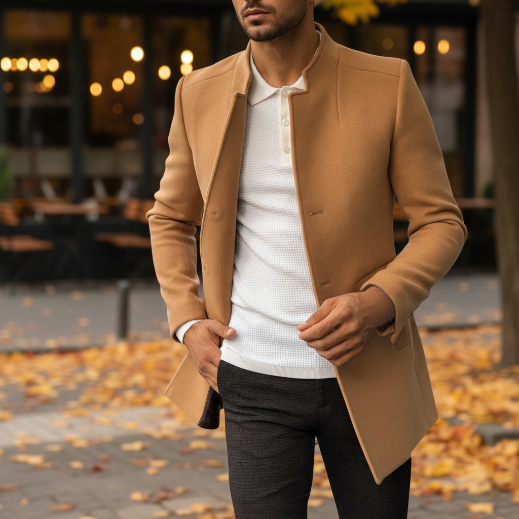 Mężczyzna w brązowym płaszczu zimowym slim fit na tle ulicy