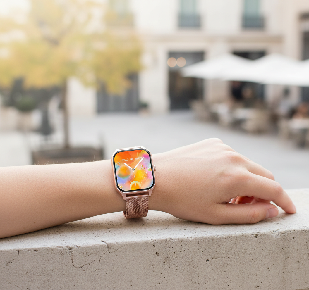 Damski smartwatch w kolorze różowym założony na nadgarstek w miejskim otoczeniu