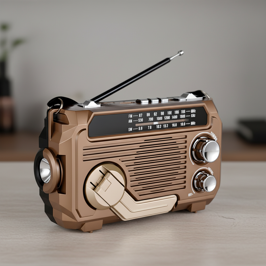 Solarne radio awaryjne w kolorze jasnobrązowym z widoczną korbką i anteną na jasnym tle