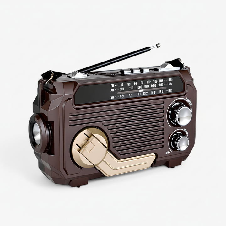 Przenośne radio z panelem słonecznym i korbą do zasilania awaryjnego
