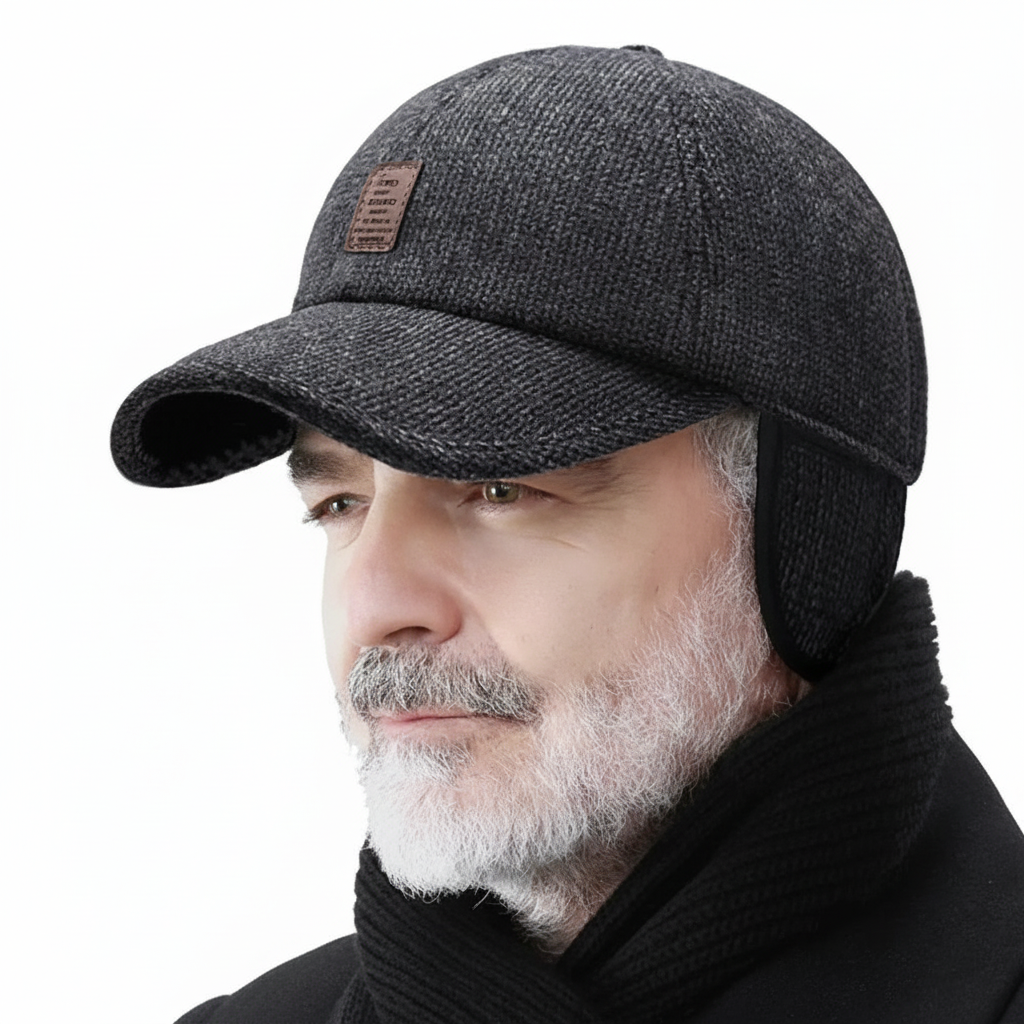 Profil męskiej czapki zimowej retro z widocznym nausznikiem i daszkiem