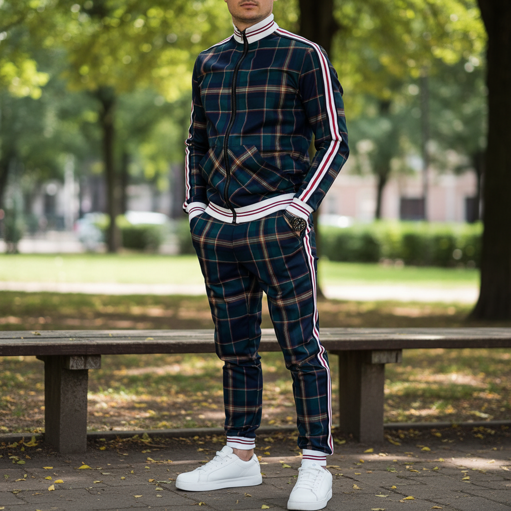 Mężczyzna w sportowym zestawie w kratę stojący w parku