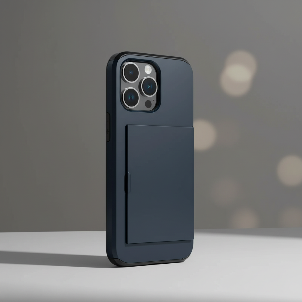 Niebieskie etui na iPhone z wbudowaną kieszenią na karty widoczne od tyłu