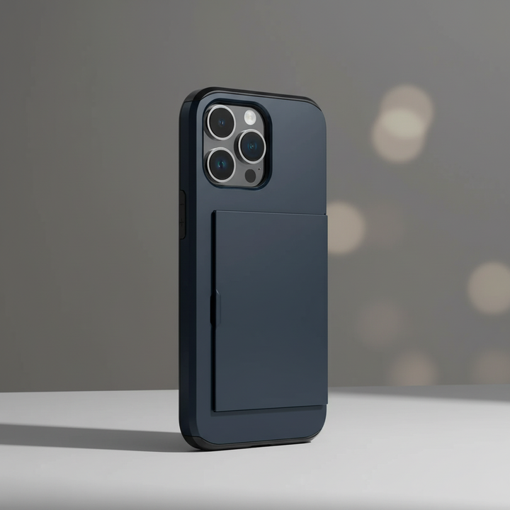 Niebieskie etui na iPhone z wbudowaną kieszenią na karty widoczne od tyłu
