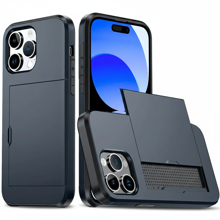 Prezentacja niebieskiego etui na iPhone z widokiem na ekran i otwartą kieszeń na karty