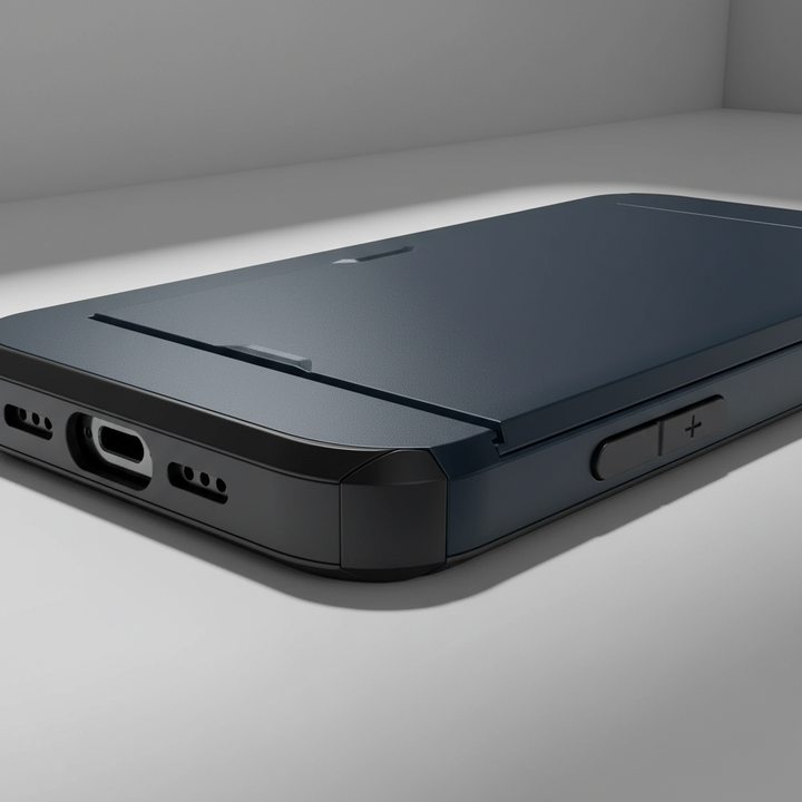 Zbliżenie na dolną krawędź niebieskiego etui na iPhone z precyzyjnymi wycięciami na porty