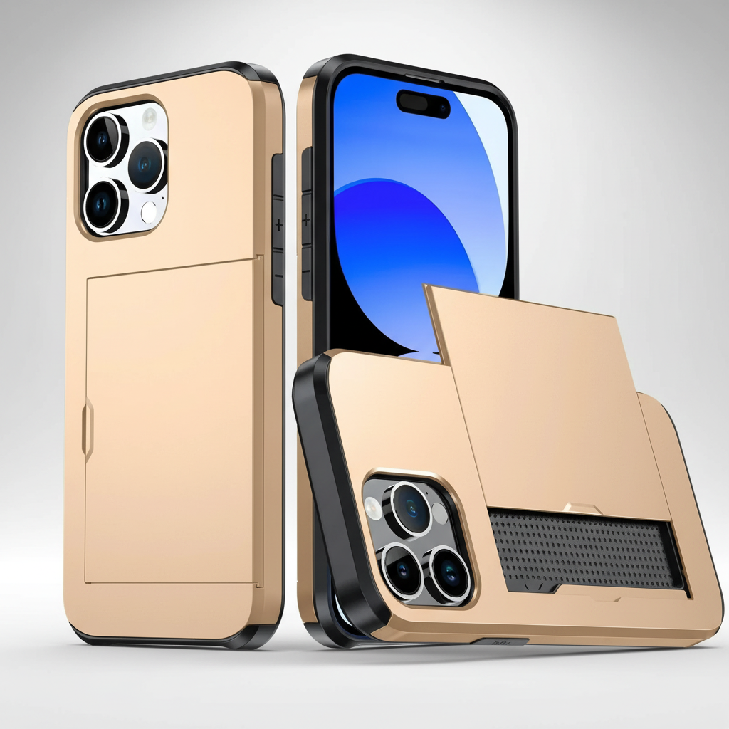 Czarne etui z kieszenią na karty do iPhone, widok pod kątem