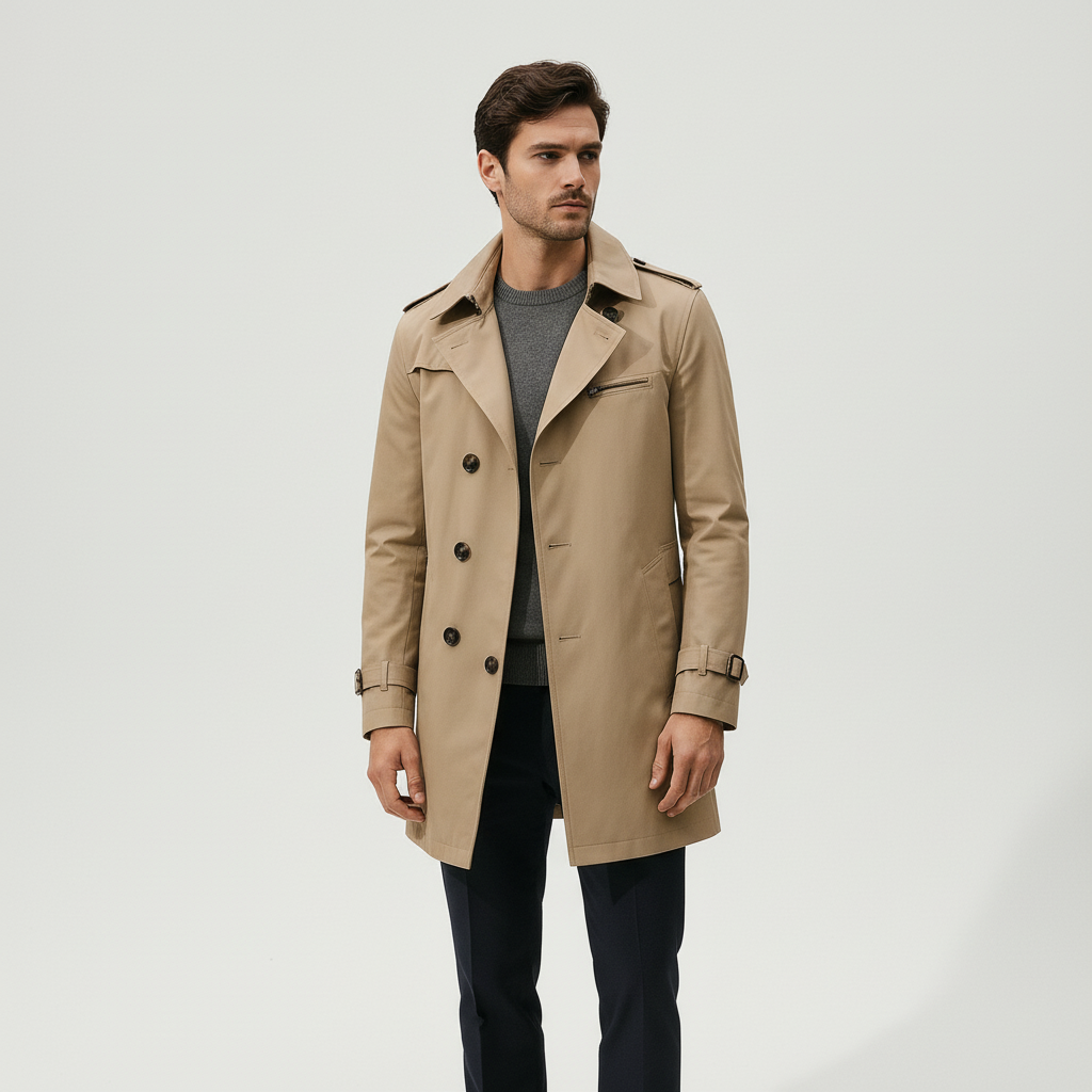 Elegancki męski trencz khaki z poduszkami na ramionach