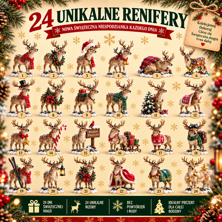 Świąteczny kalendarz adwentowy z 24 figurkami reniferów na Boże Narodzenie
