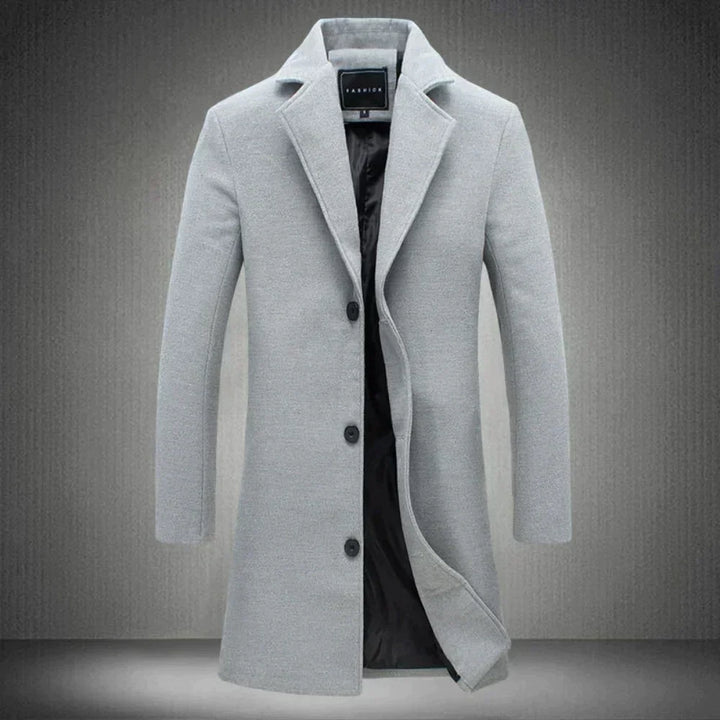 Jasnoszary męski elegancki płaszcz z długim fasonem