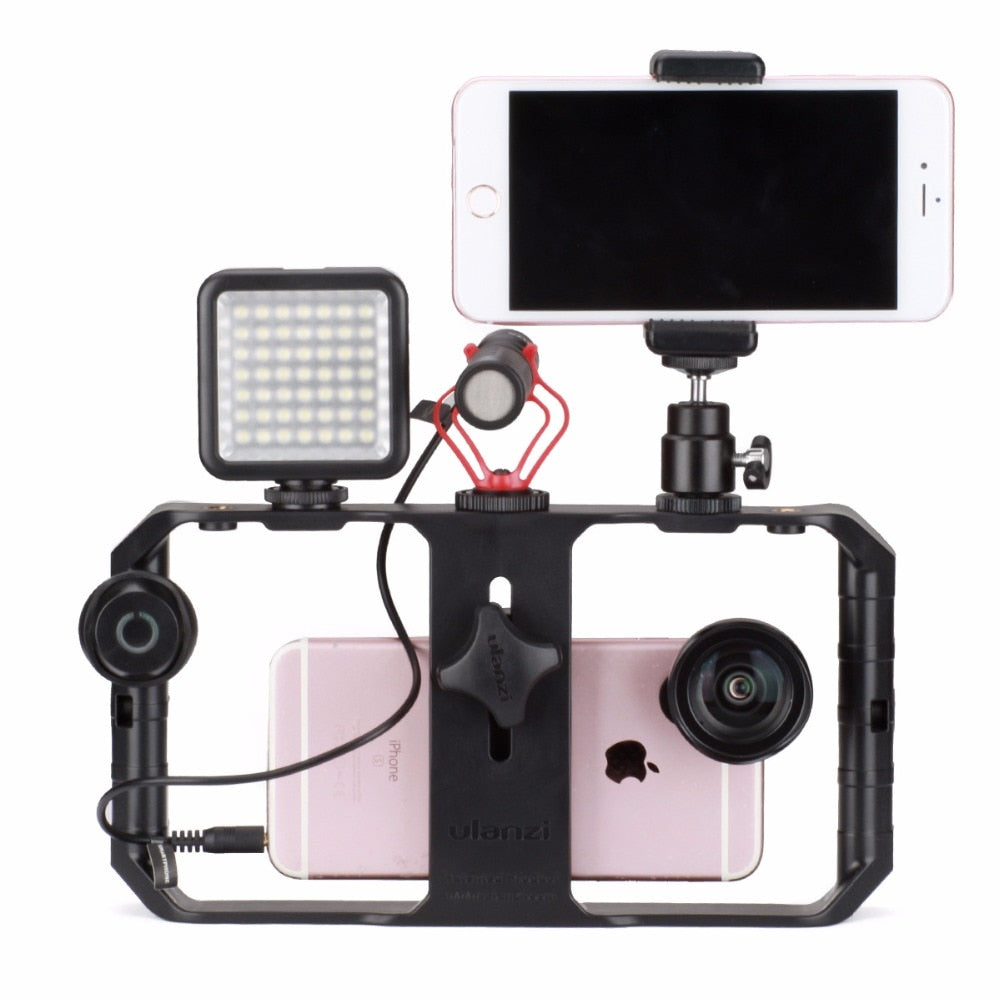 Stabilizator wideo do smartfona z zamontowaną lampą LED i mikrofonem do vlogowania