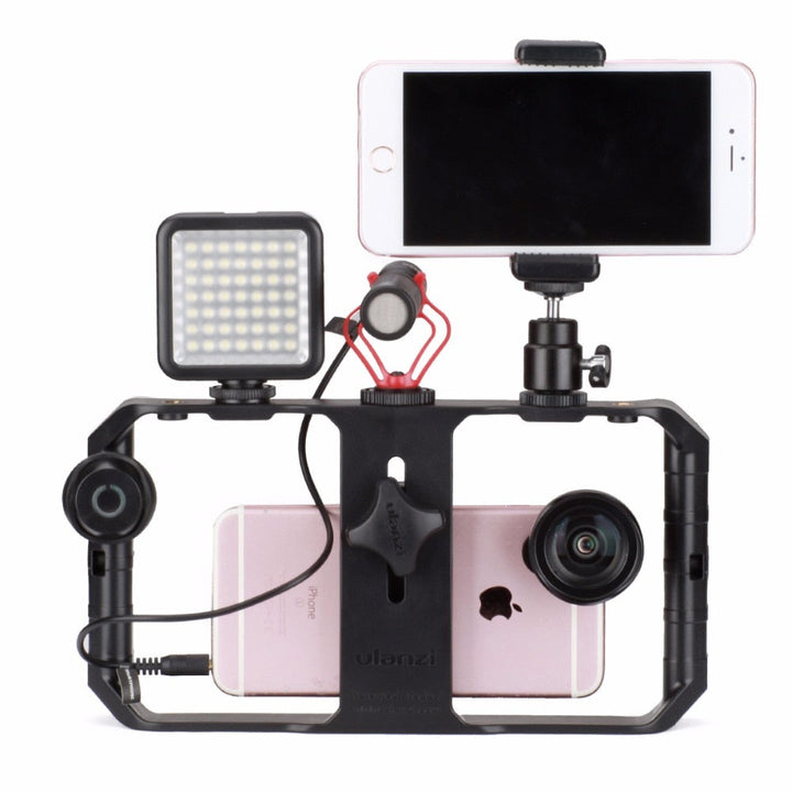 Stabilizator wideo do smartfona z zamontowaną lampą LED i mikrofonem do vlogowania