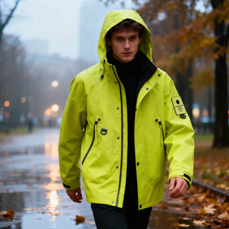 Mężczyzna w jasnozielonej kurtce softshell z kapturem w jesiennej scenerii