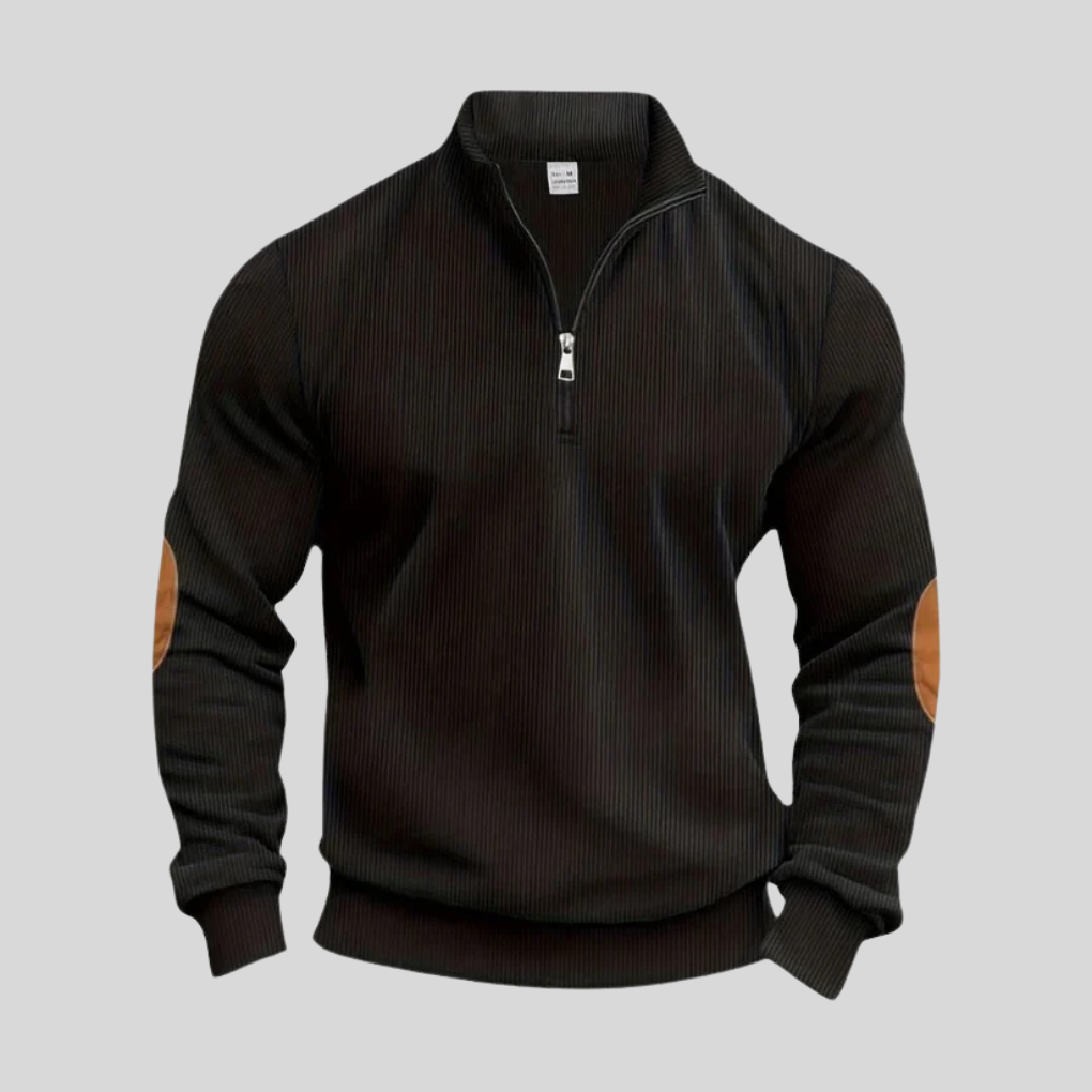 Beżowy męski sweter z suwakiem pod szyją i stójką, stylowy i elegancki