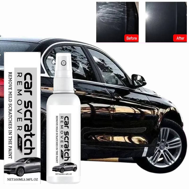 Spray do usuwania rys z samochodu prezentowany obok czarnego auta