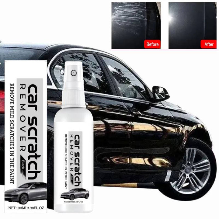 Spray do usuwania rys z samochodu prezentowany obok czarnego auta