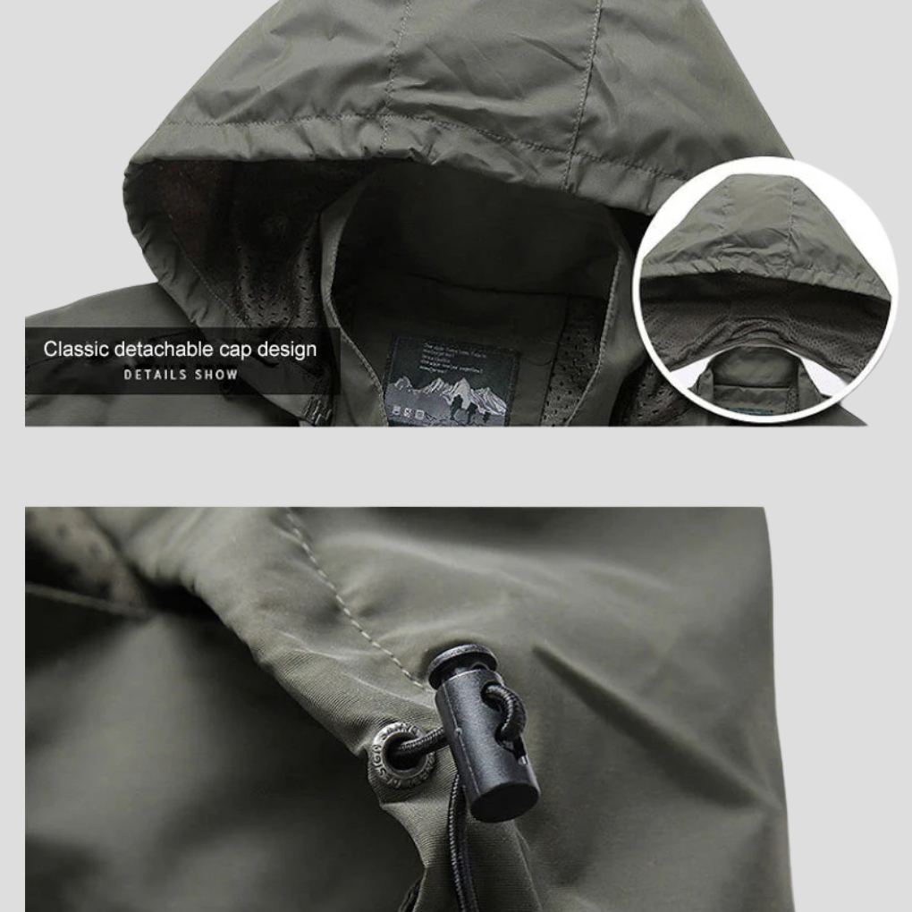 Modna kurtka outdoorowa męska softshell z kapturem, zbliżenie na materiał i kieszeń