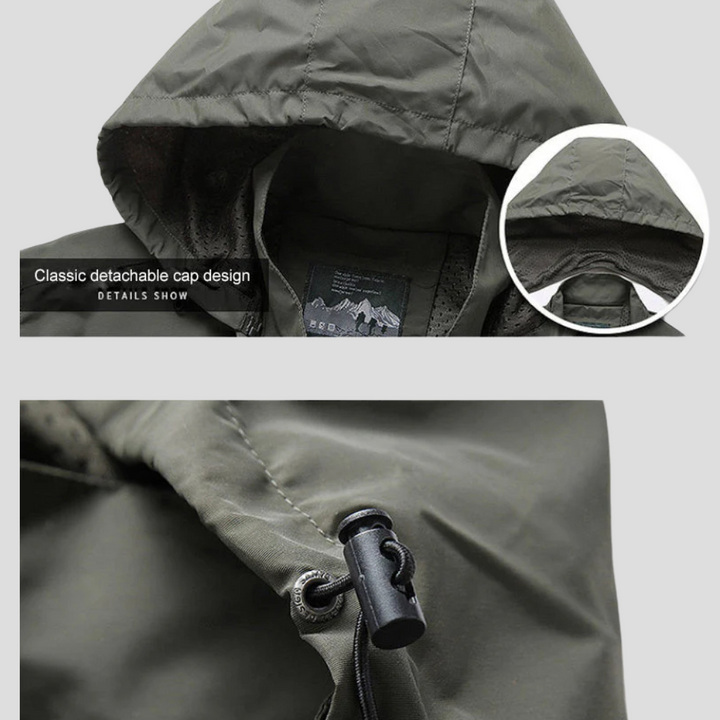 Modna kurtka outdoorowa męska softshell z kapturem, zbliżenie na materiał i kieszeń