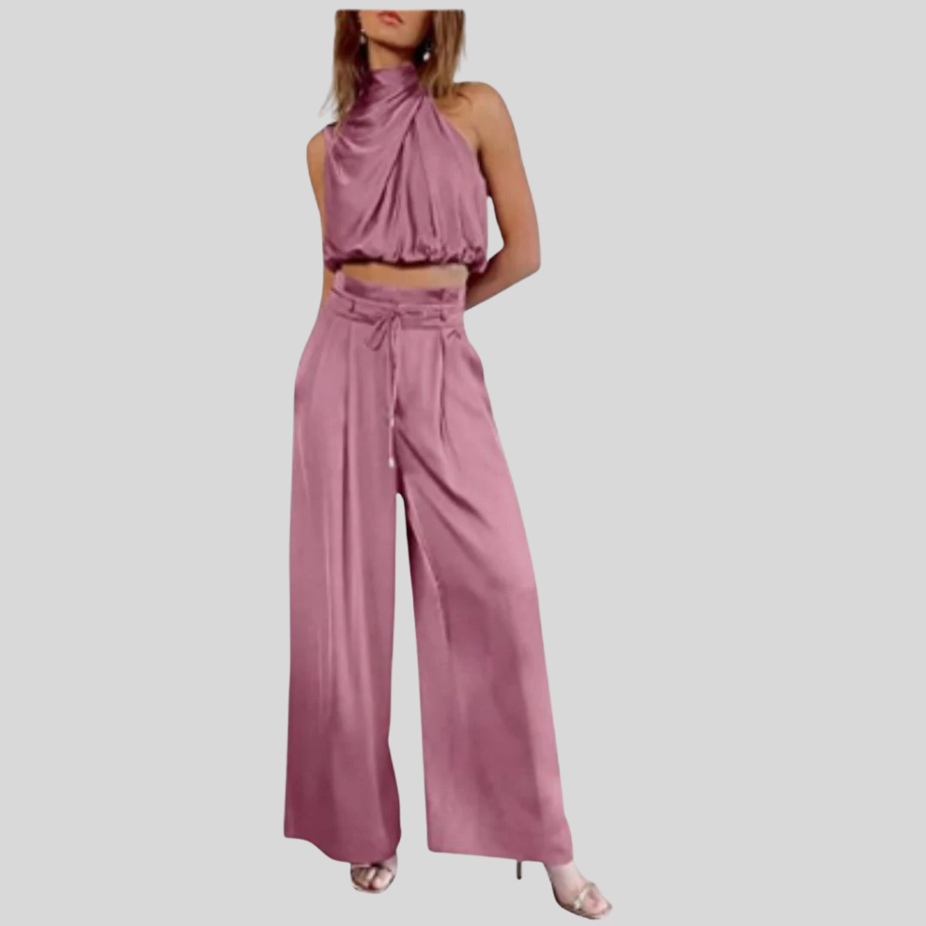 Elegancki kombinezon damski z szerokimi nogawkami w stylizacji wizytowej