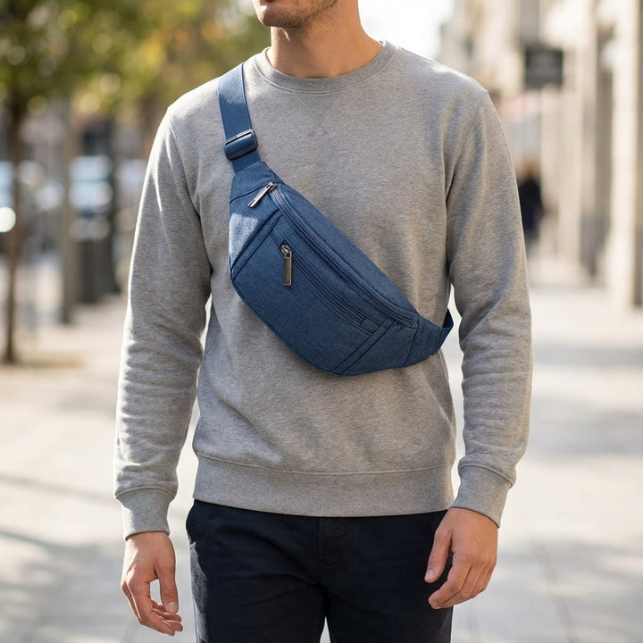 Mężczyzna noszący niebieską torbę crossbody w miejskiej scenerii