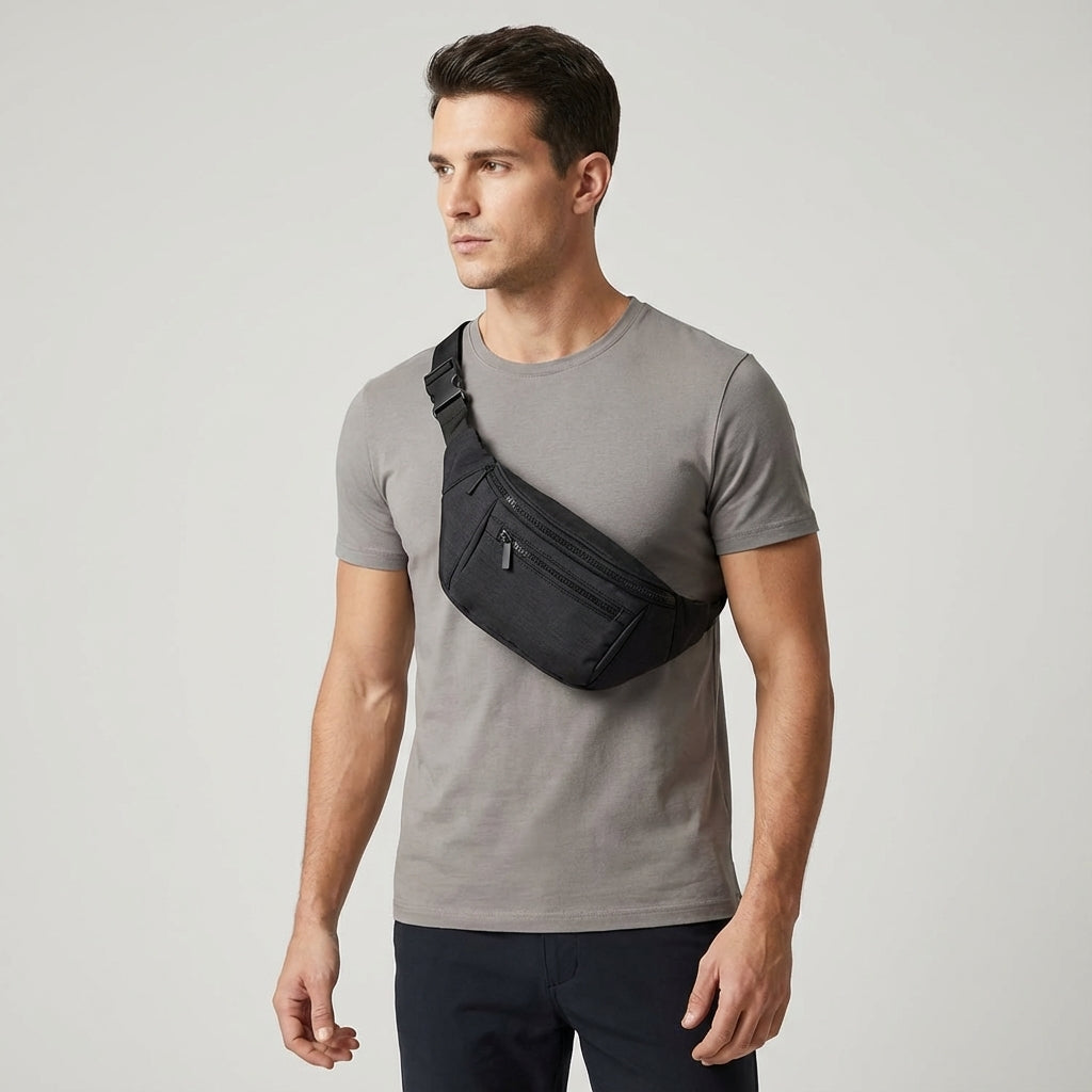 Czarna torba na ramię i nerka crossbody unisex, widok z boku