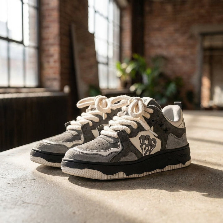 Męskie sneakersy retro Jeffrey w szarym kolorze na tle ceglanej ściany