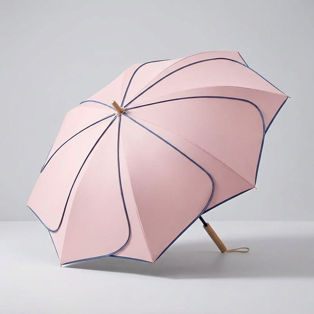 Różowy damski parasol kwiatowy z drewnianą rączką