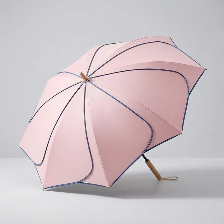Różowy damski parasol kwiatowy z drewnianą rączką