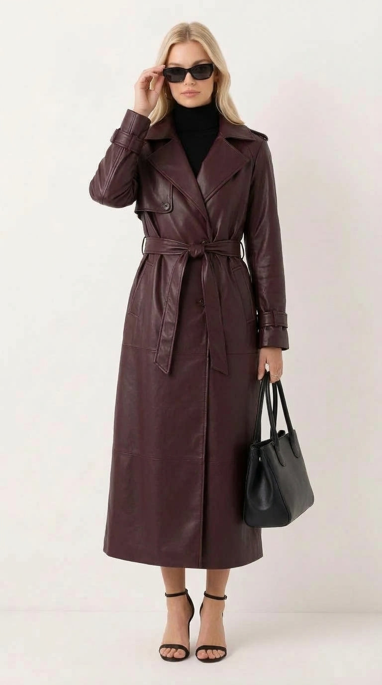 Modelka w eleganckim długim bordowym płaszczu skórzanym z paskiem prezentująca stylizację