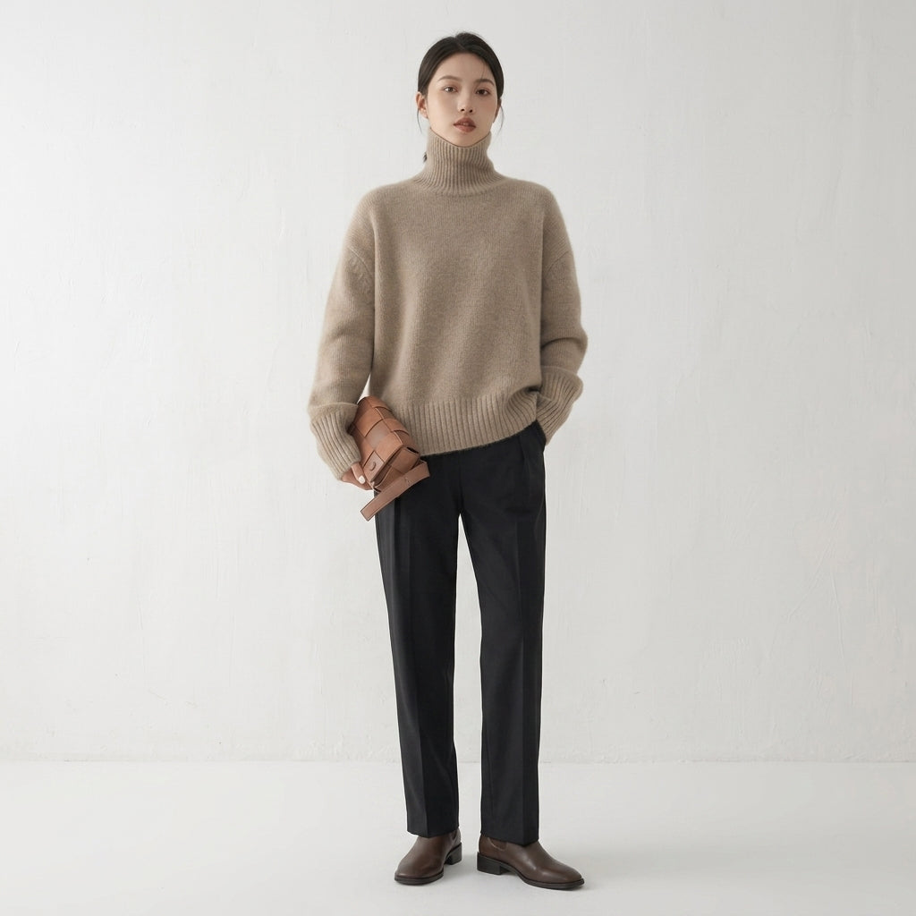 Kobieta w eleganckim swetrze z golfem w odcieniu camel