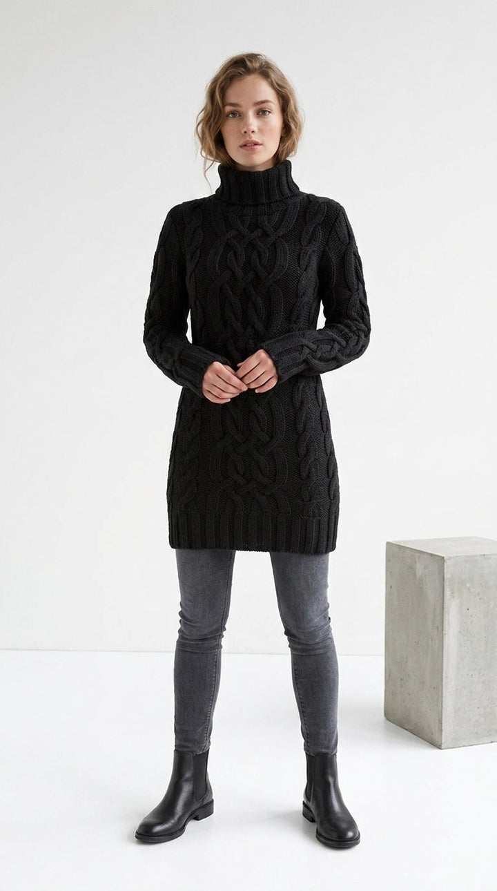 Długi damski sweter tunika warkoczowy z golfem w kolorze szarym