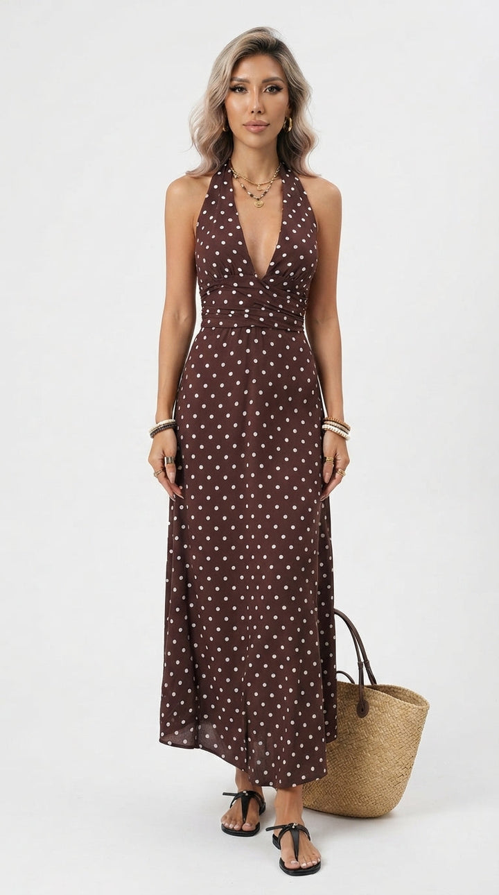 Damska długa sukienka letnia maxi z dekoltem V, styl plażowy i codziany