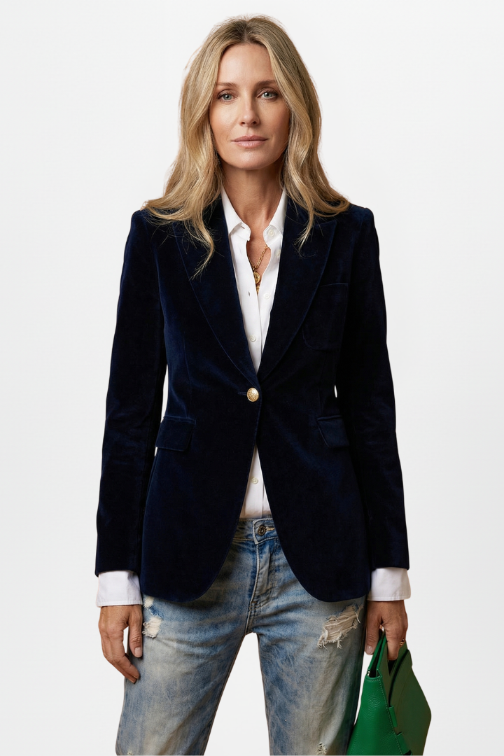 Kobieta prezentująca granatowy damski żakiet z dekoltem V