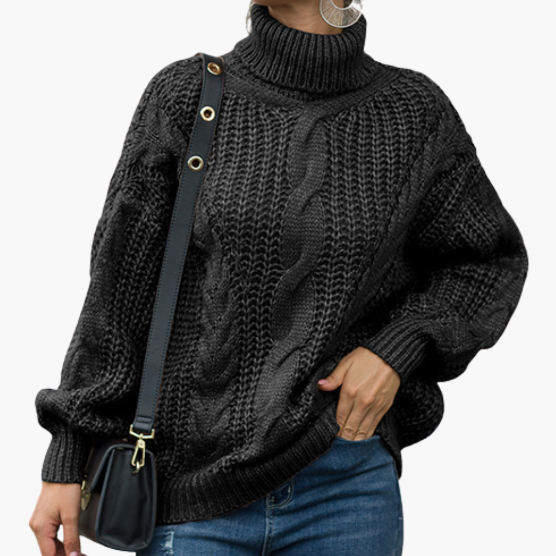 Ciepły sweter damski z wysokim kołnierzem, prezentujący elegancki styl zimowy.