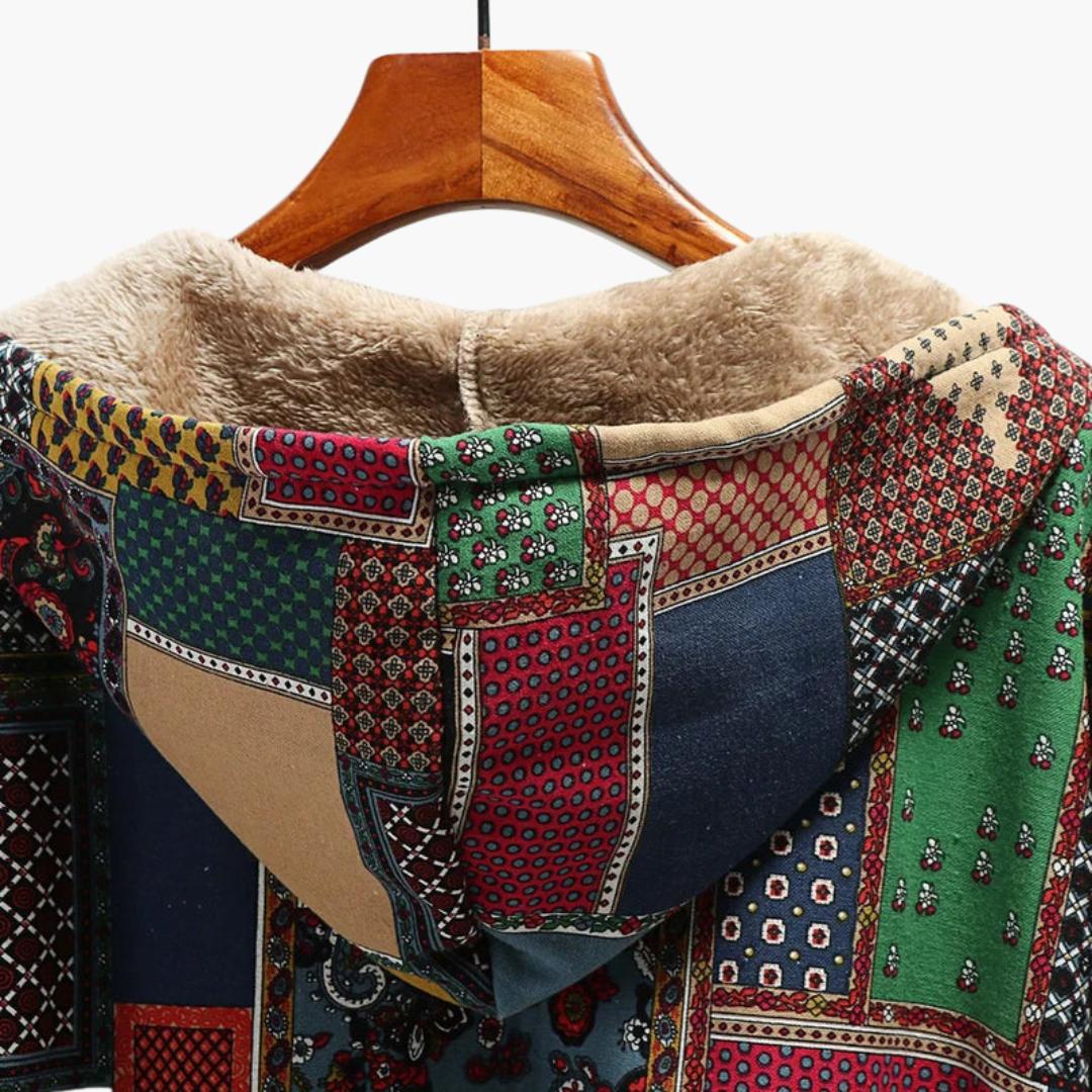 Kolorowy płaszcz damski zimowy z kapturem, unikalny wzór patchwork