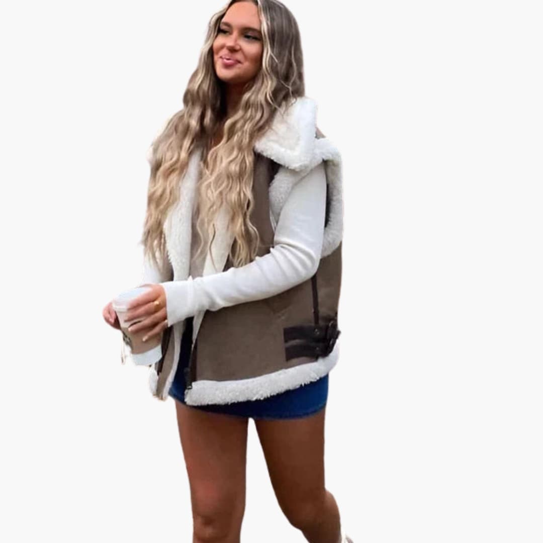 Beżowa damska kamizelka z kołnierzem, elegancki sweter bez rękawów