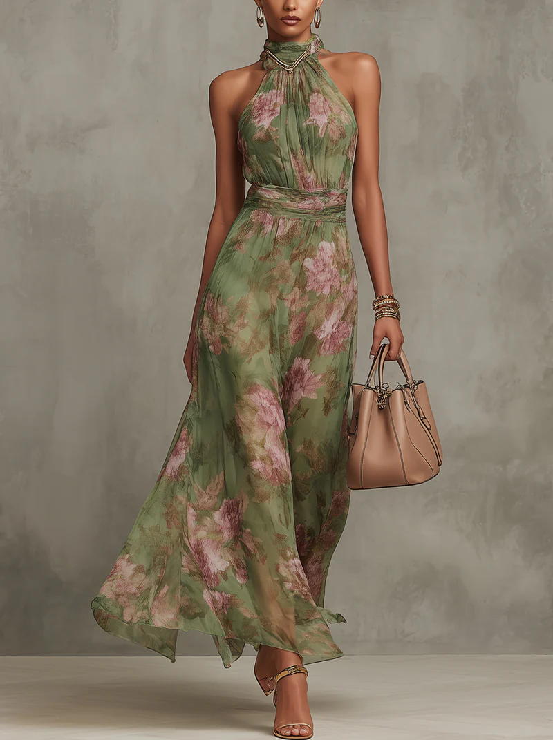 Modelka w eleganckiej zielonej sukience maxi w kwiaty z dekoltem halter i torebką