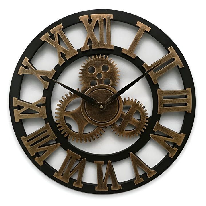 Duży zegar mechaniczny w stylu retro prezentujący unikalny design i rzymskie cyfry, pasujący do wnętrz loftowych.