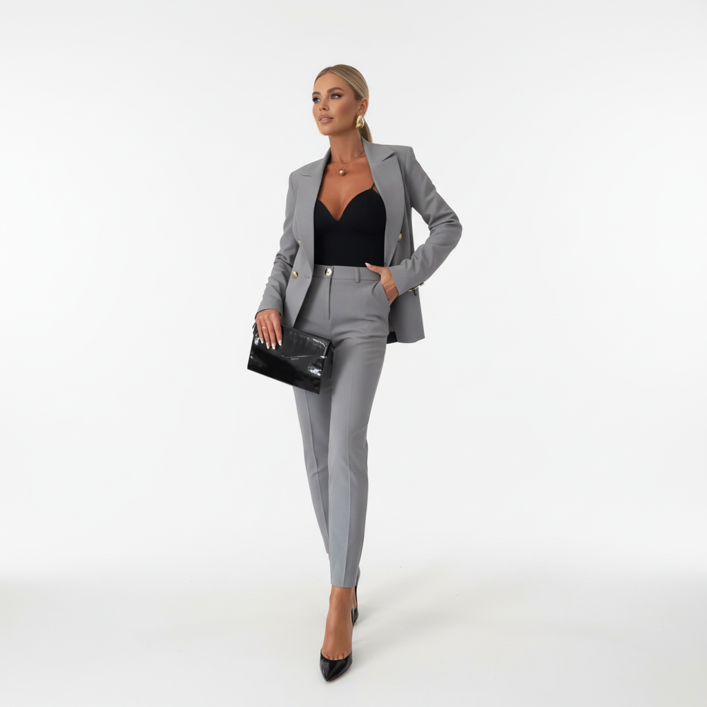 Czarna marynarka damska i spodnie z eleganckiego zestawu Ariana