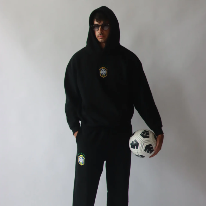 Czarno-szary męski komplet sportowy, bluza z kapturem i spodnie dresowe
