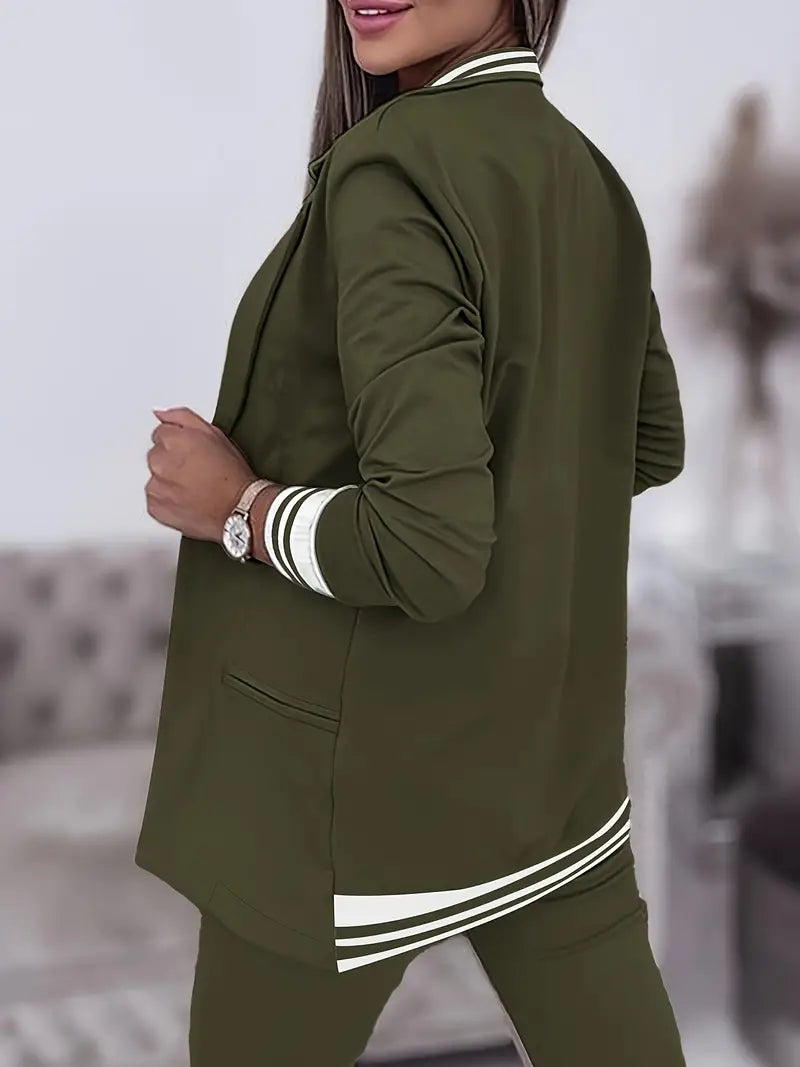 Komplet damski khaki, elegancka marynarka i dopasowane spodnie