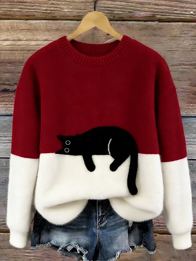 Ciepły sweter oversize w stylu casual z grafiką kota, detal kołnierza